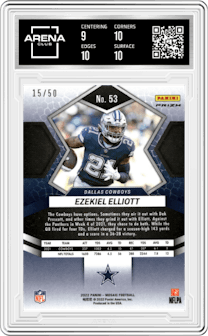 Ezekiel Elliott from the 2022 Panini Mosaic set featuring a No Huddle Purple parallel graded by Arena Club and given an overall grade of 9.5.