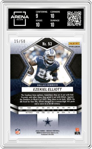 Ezekiel Elliott from the 2022 Panini Mosaic set featuring a No Huddle Purple parallel graded by Arena Club and given an overall grade of 9.5.