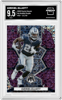 Ezekiel Elliott from the 2022 Panini Mosaic set featuring a No Huddle Purple parallel graded by Arena Club and given an overall grade of 9.5.