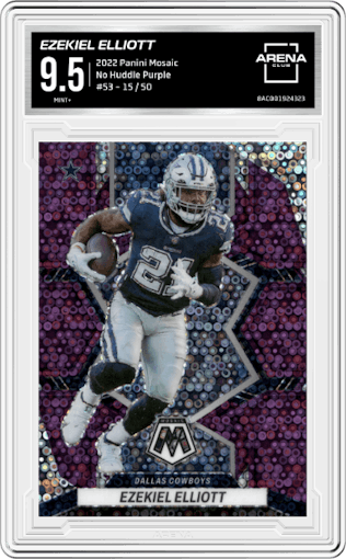 Ezekiel Elliott from the 2022 Panini Mosaic set featuring a No Huddle Purple parallel graded by Arena Club and given an overall grade of 9.5.