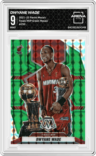 Dwyane Wade from the 2021-22 Panini Mosaic  set featuring a Green Mosaic parallel graded by Arena Club and given an overall grade of 9.