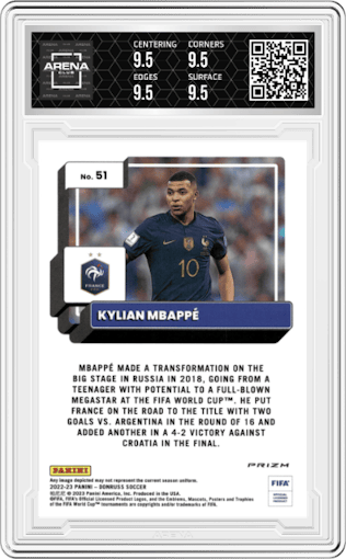 Kylian Mbappe from the 2022-23 Donruss  FIFA set featuring a Holo parallel graded by Arena Club and given an overall grade of 9.5.