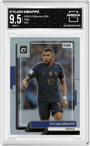 Kylian Mbappe from the 2022-23 Donruss  FIFA set featuring a Holo parallel graded by Arena Club and given an overall grade of 9.5.