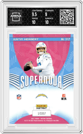 Justin Herbert from the 2021 Panini Instant set graded by Arena Club and given an overall grade of 9.5.