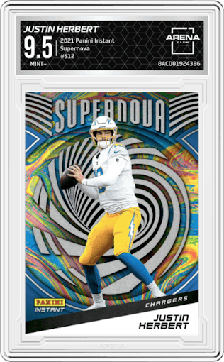 Justin Herbert from the 2021 Panini Instant set graded by Arena Club and given an overall grade of 9.5.