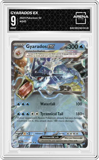 Gyarados EX from the 2023 Pokemon SV set graded by Arena Club and given an overall grade of 9.