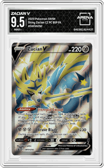 Zacian V from the 2023 Pokemon SWSH set featuring a Shiny Zacian Crown Zenith Premium Collection parallel graded by Arena Club and given an overall grade of 9.5.