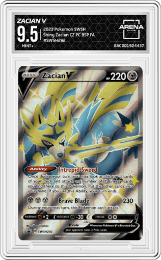 Zacian V from the 2023 Pokemon SWSH set featuring a Shiny Zacian Crown Zenith Premium Collection parallel graded by Arena Club and given an overall grade of 9.5.