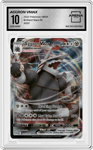 Aggron VMAX from the 2022 Pokemon SWSH set graded by Arena Club and given an overall grade of 10.