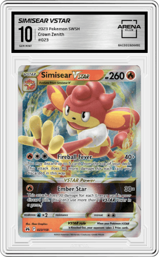 Simisear VSTAR from the 2023 Pokemon SWSH set graded by Arena Club and given an overall grade of 10.