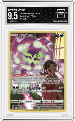 Spiritomb from the 2022 Pokemon SWSH set graded by Arena Club and given an overall grade of 9.5.