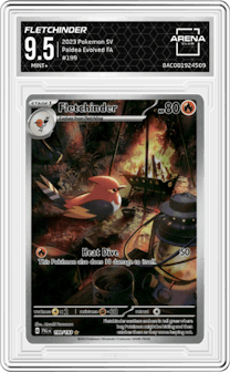 Fletchinder from the 2023 Pokemon SV set graded by Arena Club and given an overall grade of 9.5.