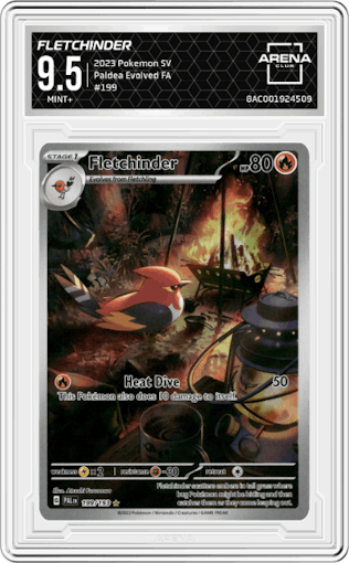 Fletchinder from the 2023 Pokemon SV set graded by Arena Club and given an overall grade of 9.5.
