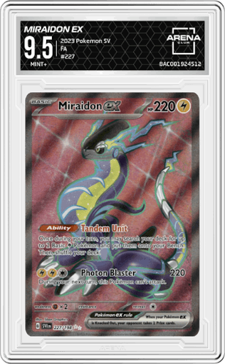Miraidon EX from the 2023 Pokemon SV set graded by Arena Club and given an overall grade of 9.5.