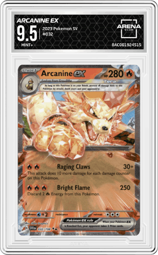 Arcanine EX from the 2023 Pokemon SV set graded by Arena Club and given an overall grade of 9.5.