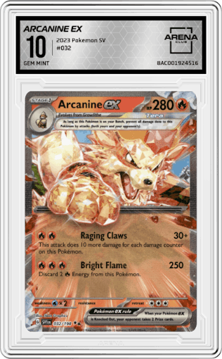 Arcanine EX from the 2023 Pokemon SV set graded by Arena Club and given an overall grade of 10.