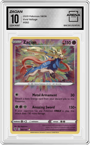 Zacian from the 2020 Pokemon SWSH set graded by Arena Club and given an overall grade of 10.