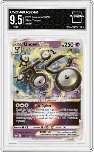 Unown VSTAR from the 2022 Pokemon SWSH set graded by Arena Club and given an overall grade of 9.5.
