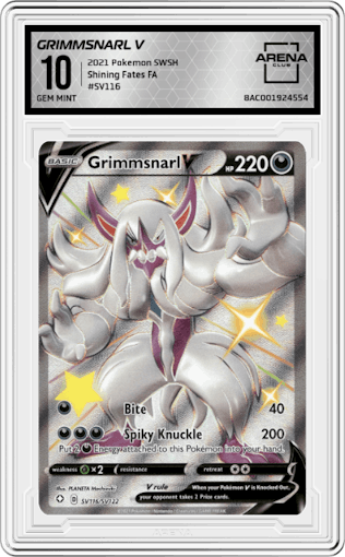 Grimmsnarl V from the 2021 Pokemon SWSH set graded by Arena Club and given an overall grade of 10.