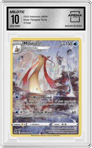 Milotic from the 2022 Pokemon SWSH set graded by Arena Club and given an overall grade of 10.
