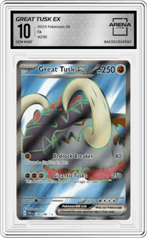 Great Tusk ex from the 2023 Pokemon SV set graded by Arena Club and given an overall grade of 10.