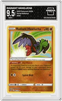 Radiant Hawlucha from the 2022 Pokemon SWSH set graded by Arena Club and given an overall grade of 9.5.