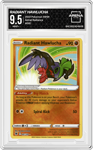 Radiant Hawlucha from the 2022 Pokemon SWSH set graded by Arena Club and given an overall grade of 9.5.