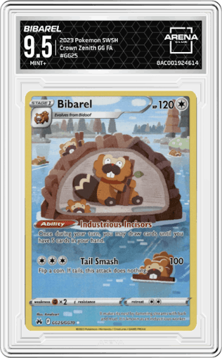 Bibarel from the 2023 Pokemon SWSH set graded by Arena Club and given an overall grade of 9.5.