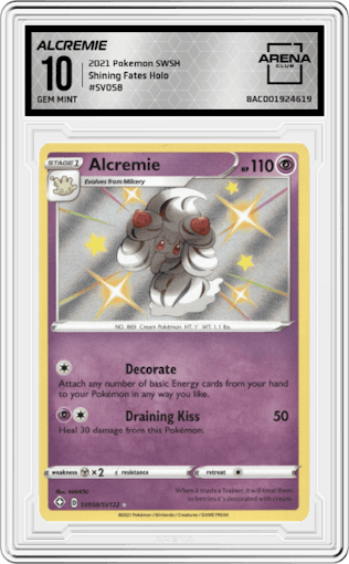 Alcremie from the 2021 Pokemon SWSH set graded by Arena Club and given an overall grade of 10.