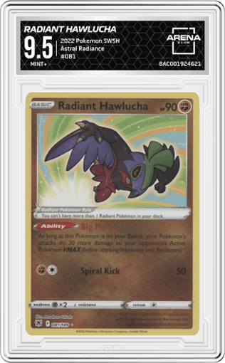 Radiant Hawlucha from the 2022 Pokemon SWSH set graded by Arena Club and given an overall grade of 9.5.