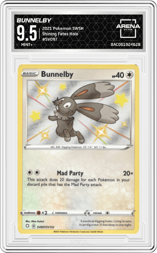 Bunnelby from the 2021 Pokemon SWSH set graded by Arena Club and given an overall grade of 9.5.