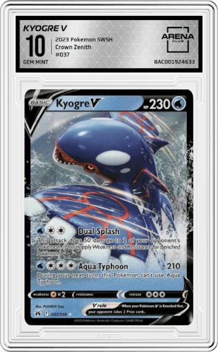 Kyogre V from the 2023 Pokemon SWSH set graded by Arena Club and given an overall grade of 10.