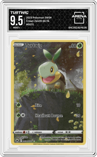Turtwig from the 2023 Pokemon SWSH set graded by Arena Club and given an overall grade of 9.5.