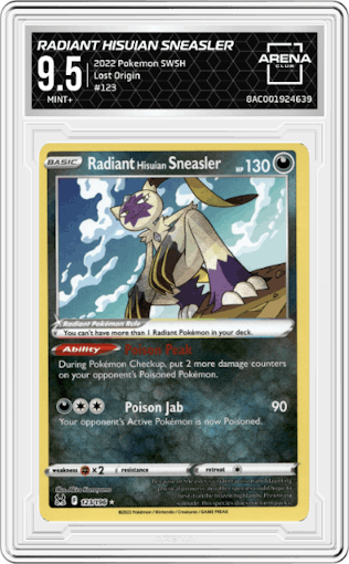 Radiant Hisuian Sneasler from the 2022 Pokemon SWSH set graded by Arena Club and given an overall grade of 9.5.