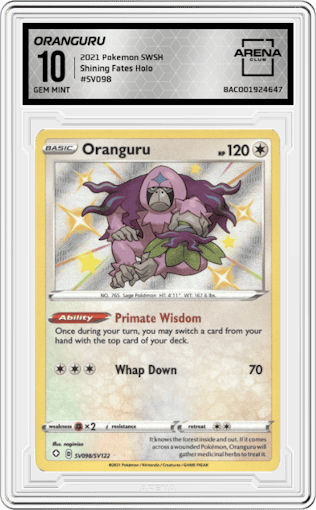 Oranguru from the 2021 Pokemon SWSH set graded by Arena Club and given an overall grade of 10.