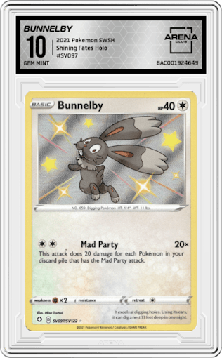 Bunnelby from the 2021 Pokemon SWSH set graded by Arena Club and given an overall grade of 10.