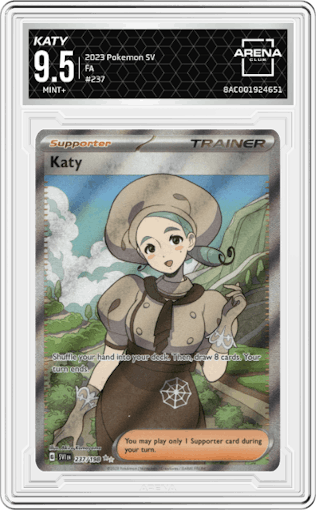 Katy from the 2023 Pokemon SV set graded by Arena Club and given an overall grade of 9.5.