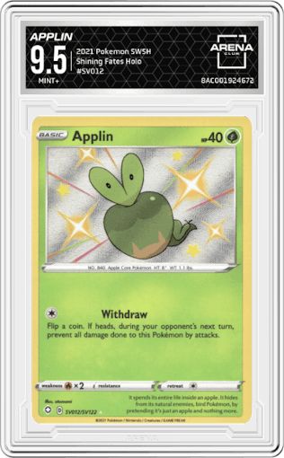 Applin from the 2021 Pokemon SWSH set graded by Arena Club and given an overall grade of 9.5.