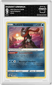 Radiant Greninja from the 2022 Pokemon SWSH set graded by Arena Club and given an overall grade of 9.