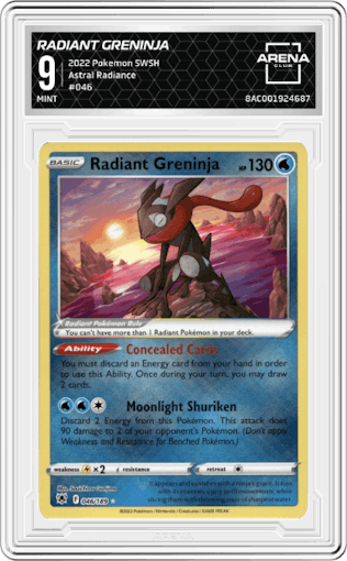 Radiant Greninja from the 2022 Pokemon SWSH set graded by Arena Club and given an overall grade of 9.