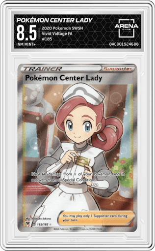 Pokémon Center Lady from the 2020 Pokemon SWSH set graded by Arena Club and given an overall grade of 8.5.