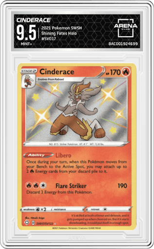 Cinderace from the 2021 Pokemon SWSH set graded by Arena Club and given an overall grade of 9.5.
