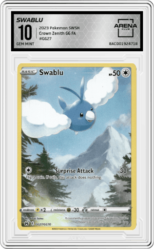 Swablu from the 2023 Pokemon SWSH set graded by Arena Club and given an overall grade of 10.