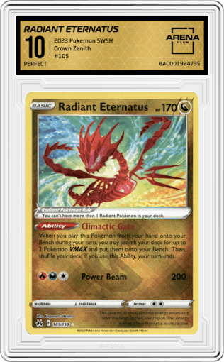 Radiant Eternatus from the 2023 Pokemon SWSH set graded by Arena Club and given an overall grade of 10.