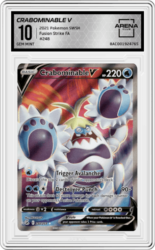 Crabominable V from the 2021 Pokemon SWSH set graded by Arena Club and given an overall grade of 10.