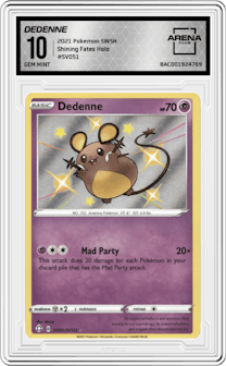 Dedenne from the 2021 Pokemon SWSH set graded by Arena Club and given an overall grade of 10.