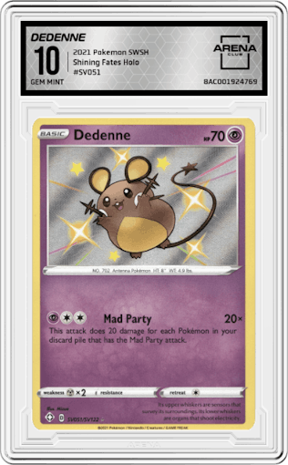 Dedenne from the 2021 Pokemon SWSH set graded by Arena Club and given an overall grade of 10.