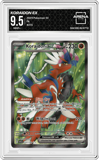 Koraidon ex from the 2023 Pokemon SV set graded by Arena Club and given an overall grade of 9.5.