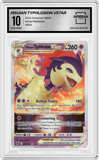 Hisuian Typhlosion VSTAR from the 2022 Pokemon SWSH set graded by Arena Club and given an overall grade of 10.