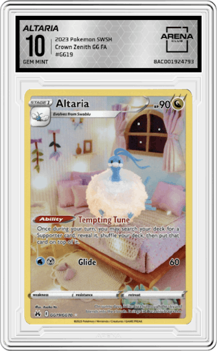 Altaria from the 2023 Pokemon SWSH set graded by Arena Club and given an overall grade of 10.